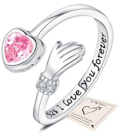 Silver Hug Rings, Love Heart Thumb Rings for Women Adjustable Cubic Zirconia Open Ring I Love You Forever Engraved Words Sister Friendship Gifts with Gift Card & Box, Pink Stone