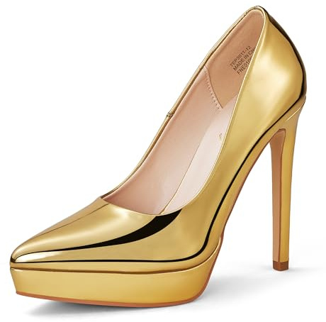 Zhabtuc Scarpe da Donna con Plateau Scarpe Classiche con Tacco a Spillo Piattaforma Tacchi Alti Scarpe da Sposa a Punta, Vernice Dorata, 37 EU