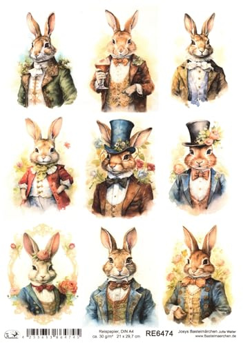 Josys Bastelmärchen Reispapier A4 Strohseide Decoupage Ostern Hase in Vintage Anzug RE6474