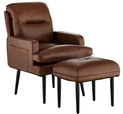 TUKAILAi Sillón de Relax con Reposapiés, Sillón Reclinable con Respaldo Ajustable 180°, de Televisión Piel Sintética Marco en Metal para Lectura Dormitorio (Marrón Oscuro)