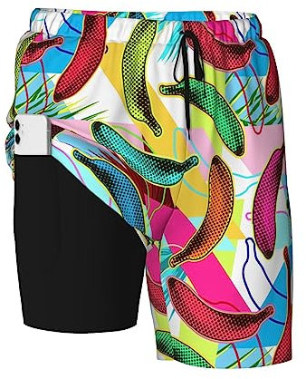 PAQGSREM Herren-Badehose mit Kompressionsfutter, schnell trocknend, Board-Shorts, Strand-Bademode, Badeanzüge, Bunte Bananen, XL