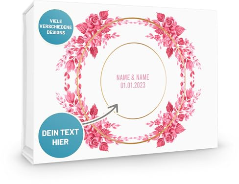 Verpackungswelt Personalisierte Geschenk-Box zur Hochzeit | 31x22x10 cm | Magnetische Geschenk-Verpackung mit Deckel | Geschenk-Karton für Hochzeitsgeschenke | Süßes Design mit Blumen-Kranz in Pink