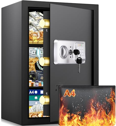 Mejasg Coffre-fort 64 l ignifuge avec porte-documents ignifuge et 2 étagères amovibles, grand coffre-fort avec système d'alarme, coffre-fort numérique pour la maison, les espèces, les bijoux, les