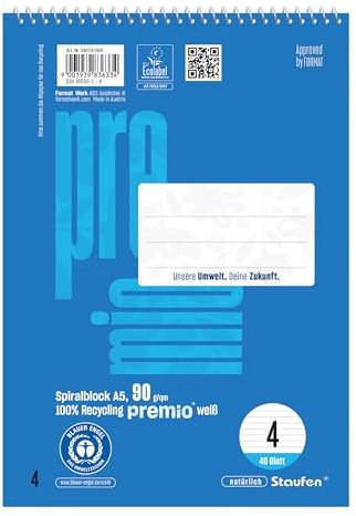 Staufen Premio Spiralblock - 5 Blöcke à 40 Blatt, DIN A5, liniert 9 mm | Lineatur 4, 100% Recyclingpapier, zertifiziert mit dem Blauen Engel, abgerundete Ecken, 90 g/m² Papier