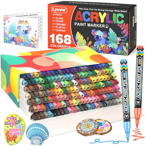 Lyuvie 168 Farben Acrylstifte für Steine Wasserfest,Permanent Marker Acrylstifte Wasserfest 0,7mm Extra Feine Spitze,Acrylmarker für Holz Rock Painting Kiesel Stein Glas Metall Keramik