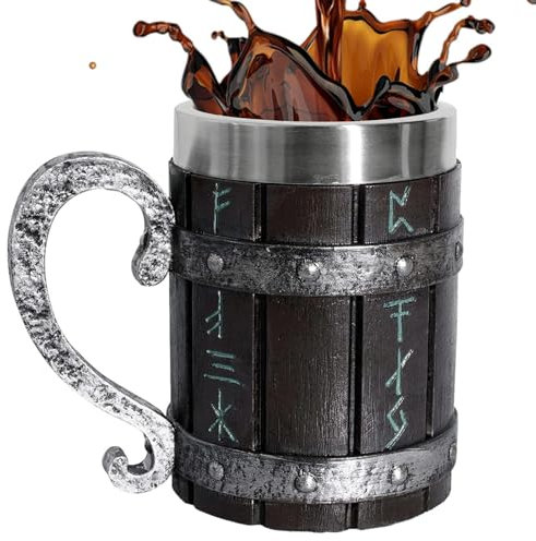 Stein Bierkrug – 600 ml Kaffeebecher | Bierkrug für Männer | Doppelschichtige Becher warm im Winter und kühl im Sommer | Dicker 304 Stahl, Fass-Design für heiße Getränke, Bier, Cocktail