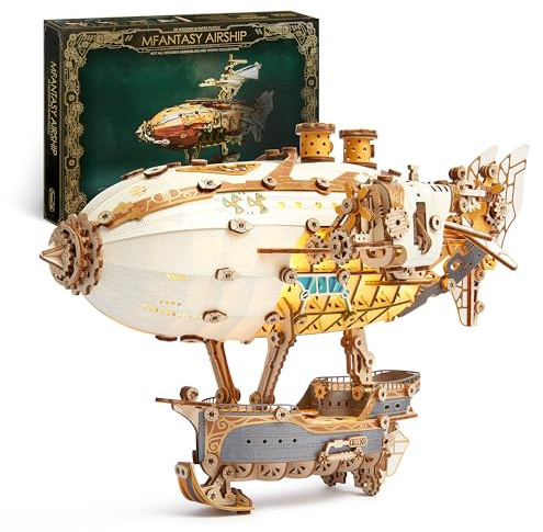 FUNPOLA LED Puzzle 3D en Bois Modèle de dirigeable - Steampunk Maquette en Bois à Construire avec lumières LED - Construction de maquettes de dirigeables pour Adultes (Blanc)