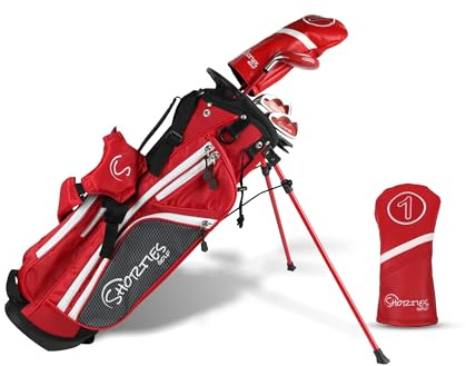 Shorties Golf - Junior Kids Golf Club Set | Perfect for Junior Golfers, and Kids 46-51 Tall | EasyCarry Stand Bag | Driver, 30-Degree Hybrid, 7-Iron, Pitching Wedge, Putter | Red Right Orientation