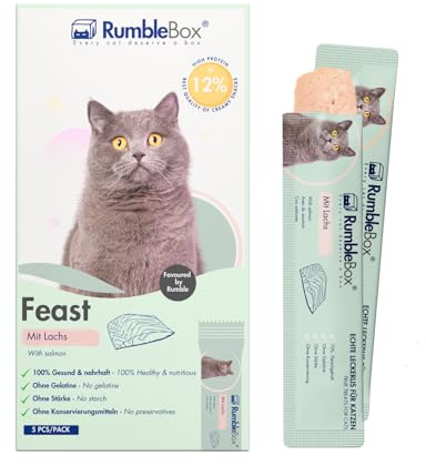 RumbleBox Schleckies mit Lachs, getreidefrei & zuckerfrei für Allergiker, Gesunde Leckerlis für Katzen mit nur 5 Zutaten (1er Pack 75g)