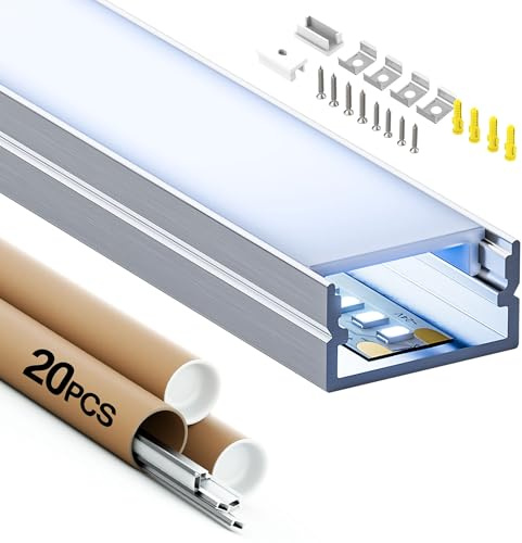 Shine Plus LED Aluminium Profil 2 m x 20 Stück, ausgestattet mit einer weißen PC-Abdeckung, Größe 19,3 mm x 9.8 mm, kompatibel mit LED Streifen mit einer Breite von weniger als 17 mm