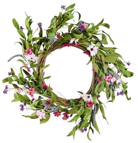 VEVOR Künstlicher Dekokranz, 55,88 cm, Rosa/Grün, verziert mit Gänseblümchen, Schleierkraut, Knospen, Türkranz für alle Jahreszeiten, als Dekoration für Zuhause, Wände, Fenster, Festivals & Hochzeiten