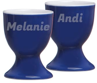 LUXENTU Eierbecher Doppio aus Porzellan mit Gravur, Indigo Blau, 2 Stück | Personalisierte Ei-Halter mit einzeiligem Gravurbereich zu Ostern, Geschenk für den Frühstückstisch
