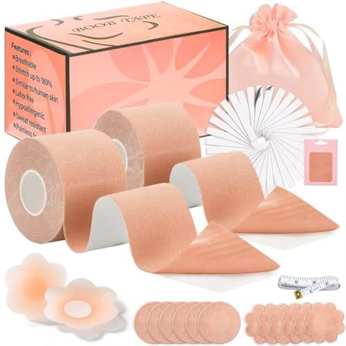 Kidcia Boob Tape, Brust Push up Tape, Fashion Tape Unsichtbar Nippelpads Silikon Nipple Cover, Klebe BH Boobtapes für große Brüste A-G Cup (2 Rollen, Rolle)