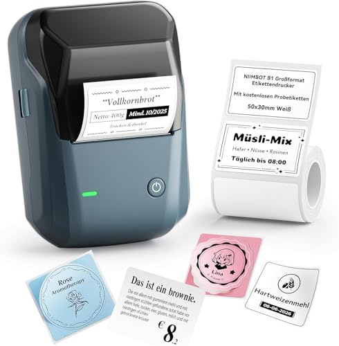 NIIMBOT B1 Etikettendrucker mit Wasserfeste Etiketten Selbstklebend, Tragbarer Beschriftungsgerät Bluetooth Label Printer Aufkleber drucker für schulbedarf, Preisschilder, Logo, Adresse, Marineblau