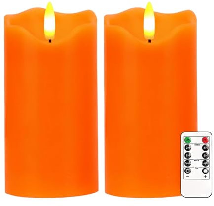 Justup Lot de 2 bougies LED sans flamme avec télécommande et minuterie, intensité variable, piles, orange pour l'automne, Halloween, Thanksgiving, décoration