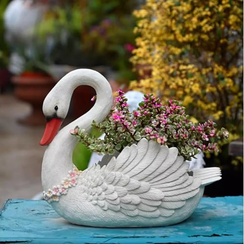WABMJGW Weiße Schwanen-Pflanzgefäße drinnen draußen,Sukkulenten-Blumentopf aus Kunstharz (L) 32,3 x (H) 26,9 cm,kreativer Blumentopf mit Tiermotiv, Pflanzenbehälter für Haus Garten Hof Terrasse,A