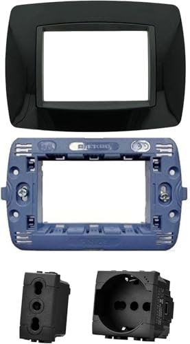 Di Tutto Per Tutti® - 1X Kit Incasso Con Frutti Presa Corrente Elettrica Schuko Pluristandard Spina 10A/16A Italiana/Tedesca E Frutto Presa Bivalente 10A/16A, Serie Living Light Compatibile, Nero