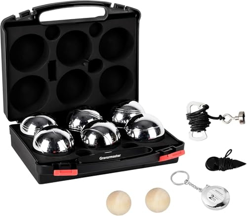 Gravurmaster Personalisierte Boccia Kugeln mit Gravur Name/Logo/Text, Professionelles Petanque, Metall Boule Set mit Zielkugeln, Abstandsmesser, Aufbewahrungsbox, 6 Botcha Balls Spiel, Setie B
