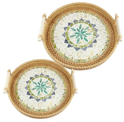BeauFairy 2PCS Plateau de Service Rond en Rotin avec Poignée, Plateau Organisateur avec Nacre, Main Panier Bohème Décoratif en Osier, pour Stocker, Présenter Café, Pain, Nourriture, Fruits (22/24CM)