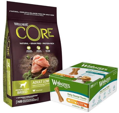 Wellness CORE Low Fat, Pute, 10 kg, Hundefutter trocken für sterilisierte oder übergewichtige Hunde, ohne Zuckerzusatz, getreidefrei, mit hohem Fleischanteil +WHIMZEES by Wellness Reisknochen 20 Stück
