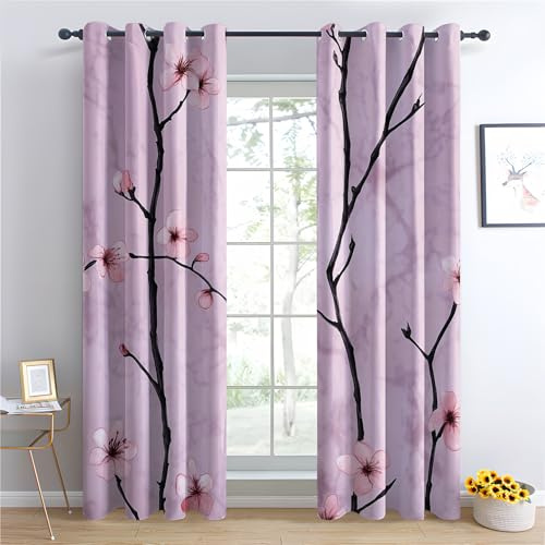 Venivici Kirschblüten Vorhänge Wohnzimmer Schlafzimmer - Rosa Blume Mädchen Vorhang mit ösen, Gardinen Blickdicht, Verdunklungsvorhänge Kinderzimmer, Thermovorhang 2er Set, H 166 x B 75 cm