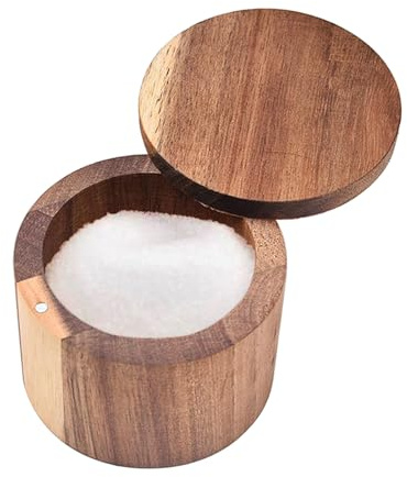 Boîte à sel ronde en bois d'acacia avec couvercle pivotant magnétique, pour la cuisine et la salle à manger, le sel, le sel de mer, les épices, le poivre, le sucre