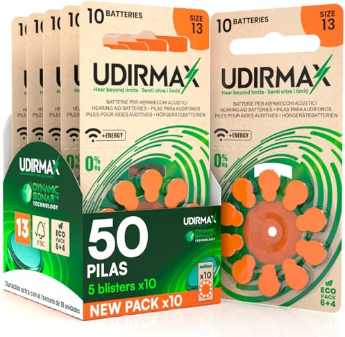 50 Batterie per Apparecchi Acustici PR48 Misura 13 (Arancioni) Pile Udirmax Zinco-Aria 0% Mercurio 1,45V Eco Pack - 5 Blister Ecologici da 10 Pile