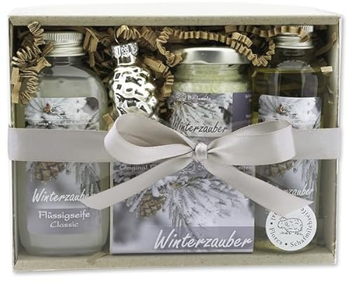 Geschenkset für Weihnachten Pflegeset Weihnachtszeit mit 100g Schafmilchseife, 75ml Flüssigseife, 40g Badesalz und 75ml Duschbad in der Geschenkbox -aus Schafmilch - Duft wählbar (Classic)