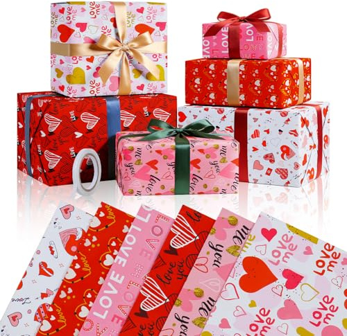 lohey Wrapping Paper, 6 Sheet Red Pink Wrapping Paper with Love & Heart, Gift Wrap for Valentines, Birthday, Wedding