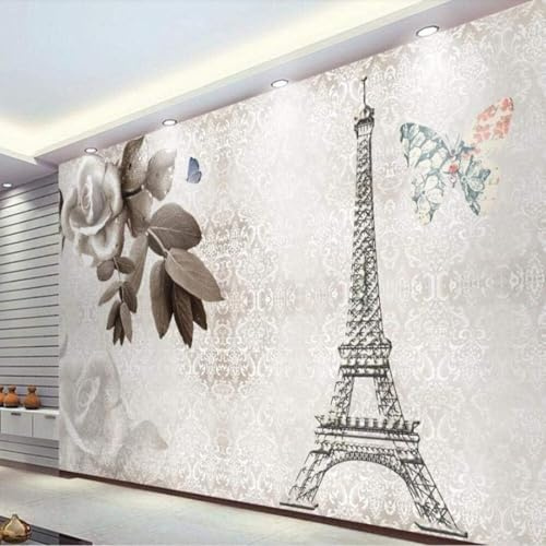 XLMING Retro Dreidimensional Nostalgisch Turm Schmetterling Grau Blumen 3D Tapeten Tapete Seidigkeit Home Esszimmer Möbel Sofa Schlafzimmer Wohnzimmer TV Hintergrund-200cm×140cm