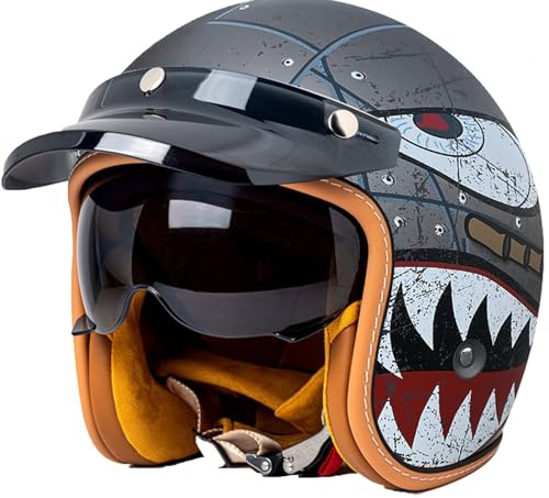 Motorradhelm Roller-Helm für Damen Und Herren im Vintage-Look Jet-Helm mit Visier, Retro Moped-Helm Jethelm für Brillen-Träger Motorrad-Helm, Qualität nach ECE-Norm