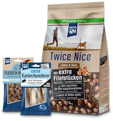 NutriQM® Hundefutter Adult ProbierSet getreidefrei – Lamm & Huhn Trockenfutter mit Filetwürfeln 4kg + Kaninchenohren & Enten Snacks – Premium Hundefutter trocken & Kausnack Bundle - Made in Germany