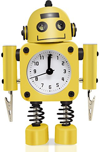 Betus Non-Ticking Robot Alarm Clock Stainless Metal - Wake-up Clock with Flashing Eye Lights and Hand Clip (Yellow)