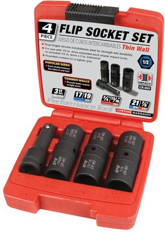 Performance Tool M774 1/2-Zoll-Klapp-Steckschlüssel-Set – 4-teiliges metrisches & SAE-Kit mit dünnwandigem Design für Radmuttern, Radschrauben und mehr