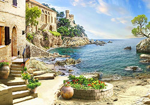 wandmotiv24 Fototapete Meer Burg Küste, XXL 400 x 280 cm - 8 Teile, Wanddeko, Wandbild, Wandtapete, Fresko, mediterran, Stadt M1074