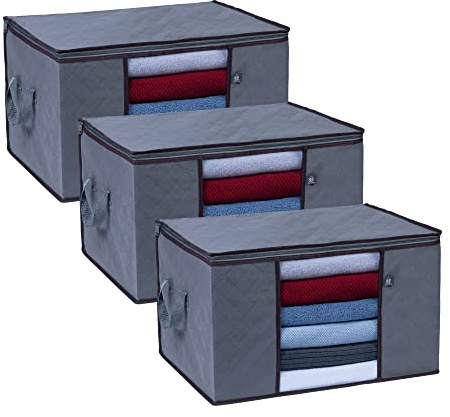 VENO 3 Stück Groß Aufbewahrungsbox mit Deckel, Aufbewahrungstasche für Bettdecken Kleidung Aufbewahrung Schrank Kleiderschrank Organizer, Faltbare Umzugskartons für Decken Kleider (3er-Pack)