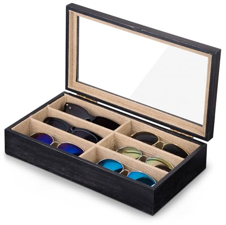 SRIWATANA Sunglasses Organizer Box, 6 Slot Eyeglasses Display Case Storage for Women Men, Valentines Day Gifts for Her Him, Weathered Black