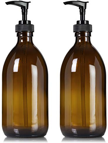 Artanis Home Refillable Amber Glass Dish Hand Soap Lotion Dispenser 16 oz, 2-Pack – Apothecary Bottle with Black Plastic Pump