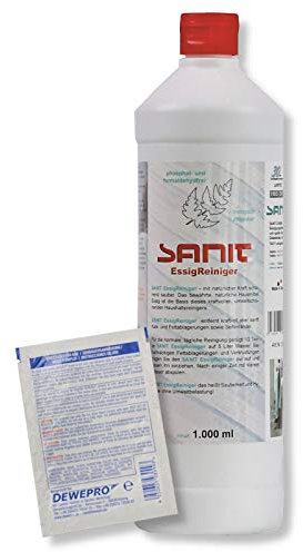 DEWEPRO-Set: SANIT EssigReiniger (3048) - Flasche 1000ml - entfernt schnell und schonend hartnäckige Ablagerungen von Sanitäranlagen und Fliesen, inkl. 1 St. DEWEPRO® Single Scrubs
