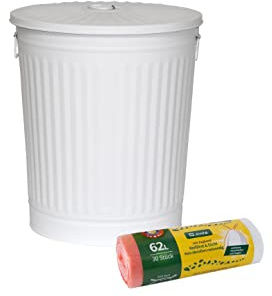 Jinfa Juego de 1 cubo de metal con asas y tapa + 30 bolsas de basura | Blanco | 62L