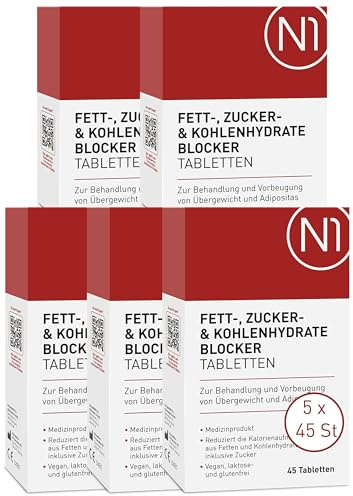 N1 Fettblocker Tabletten - Zucker & Kohlenhydrate Blocker gegen Übergewicht | Medizinprodukt zur Behandlung & Vorbeugung von Übergewicht - Diät, abnehmen Tabletten schnell
