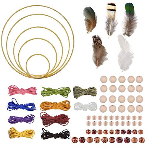 iDMRURvm Traumfänger Bastelset Traumfänger Bastelset mit 5 Stück Metall Traumfänger Kreis 10 Stück 3 mm Lederschnur 50 Stück Federn 60 Stück Gemischten Holzperlen für DIY Handwerk Traumfänger Stricken