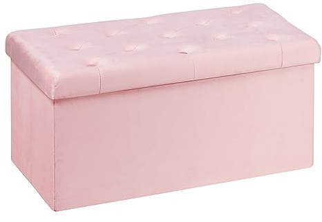 Bonlife Velvet Ottoman Storage Bench,Footrest Stool Seat,Foldable Toy Chest Storage Box with Lid,Footstool for Living Room,Pink,80x40x40cm
