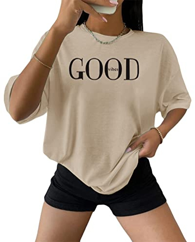 Tomwell T-Shirt Oversize à Col Rond pour Femme à Manches Courtes Lettres Imprimé T Shirt Haut D'été Décontracté Chemise Chic T-Shirts Blouse Sport Lâches Top Tunique G Abricot M