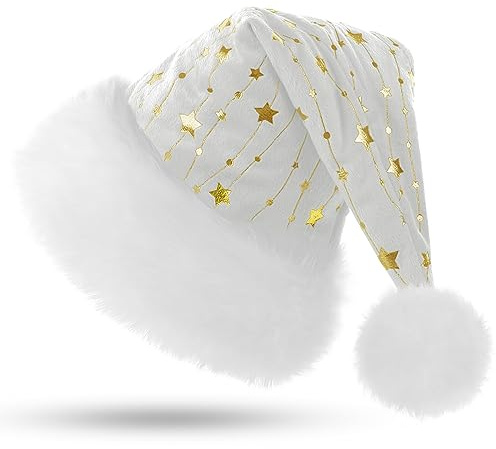 KONVINIT Blance Bonnet de Noel Adulte Chapeau Noel avec Motif étoile Bonnet pere Noel Hiver Chaud pour Hommes et Femmes