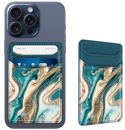 Yiyahu Self Adhesive Card Holders for Back of Phone,PU Leather RFID Phone Wallet Pockets Stick on for Women Men, Credit Card Holder Sleeve for Phone Case, Green Marble