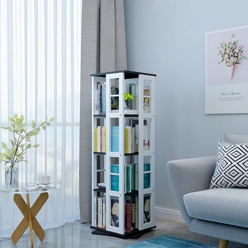 UZSPAC Bücherregal Metall Drehbares Bücherregal Buchaufbewahrung 360 Grad Drehung CD DVD Regal Geeignet für Büro, Arbeitszimmer, Wohnzimmer, Schlafzimmer (Color : White+Black)