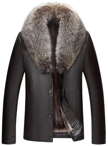 Herren Kunstleder Jacke Pelzkragen Aviator Pilot Jacken Winter Warm Motorrad Pelzmantel Trenchcoat,Braun,5XL