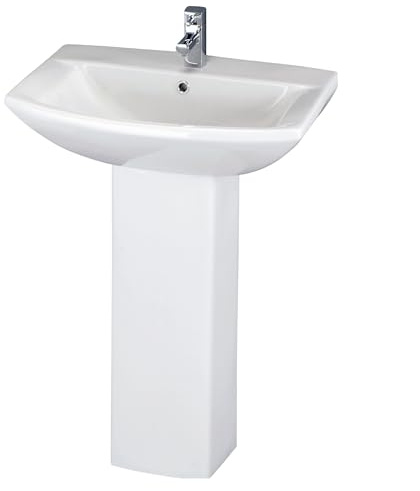 Balterley 600mm Bathroom Sink, Full Pedestal Ceramic Soft Square Bowl Bathroom Wash Basin Sink with Overflow, 1 Tap Hole, Floor Standing Basin Sinks for Cloakroom - 600 x 430 x 817mm (White)