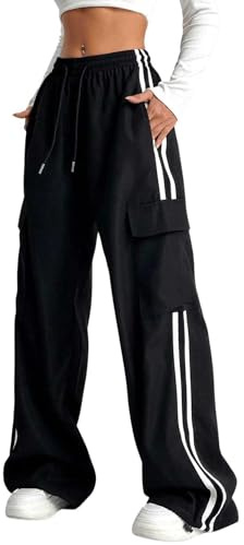 Verdusa Women's Cargo Pants Baggy Straight Wide Leg Track Pants Striped Joggers with Pockets Athletic Streetwear Black Large